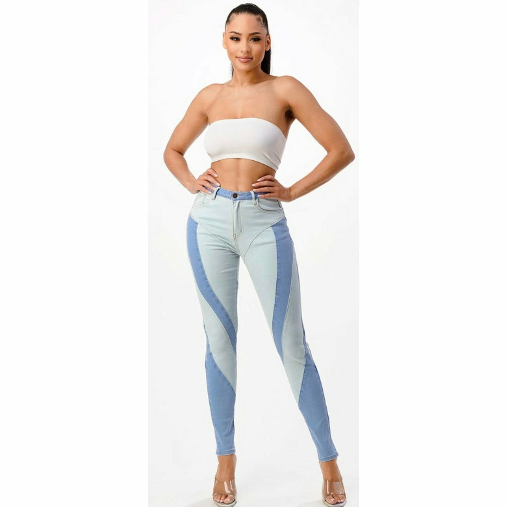 "Wavy Color Block Skinny Denim" Jeans - The Trap Doll Hou$e Boutique "Wavy Color Block Skinny Denim" Jeans