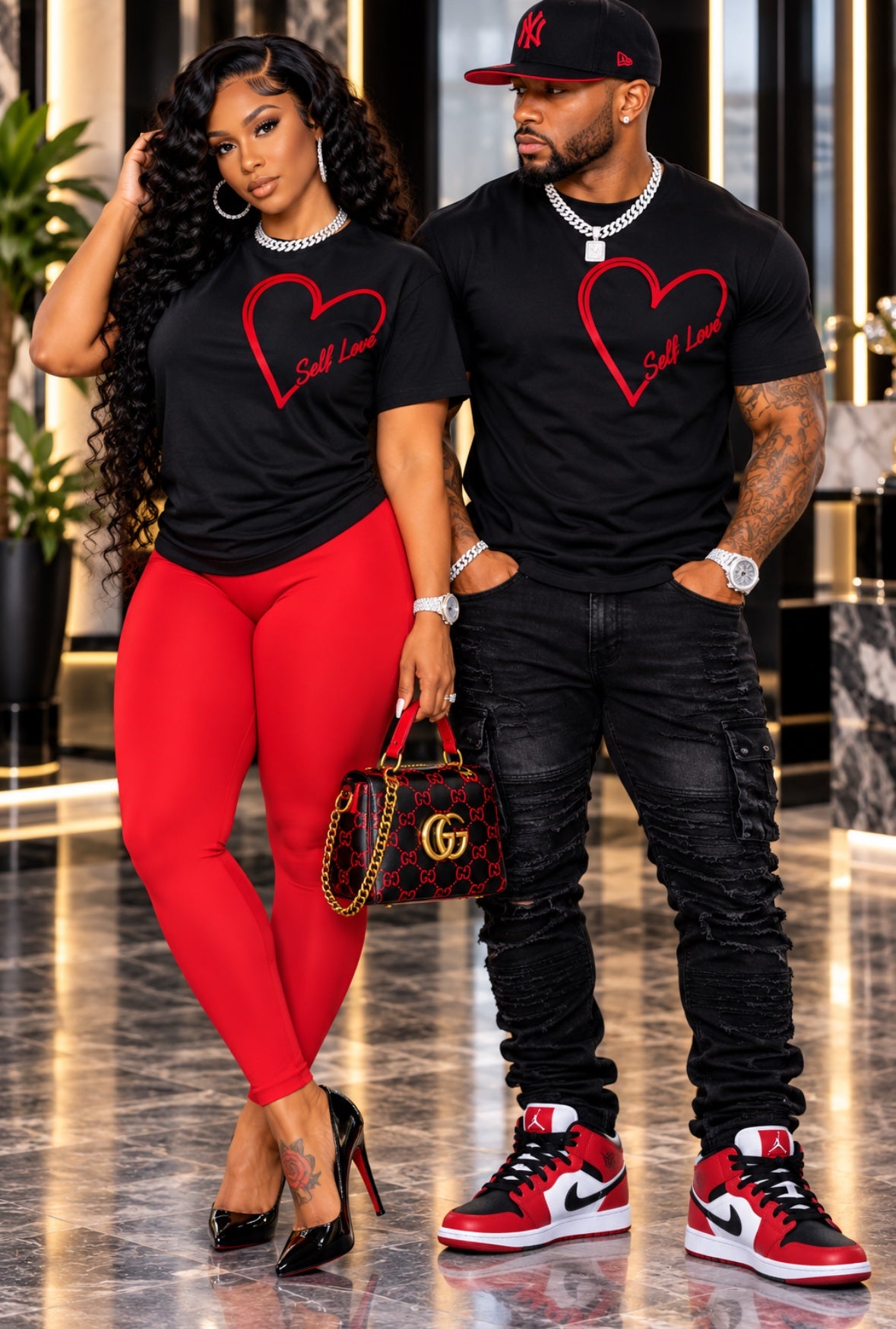 Front view of the black Self Love tees worn by a woman and a man